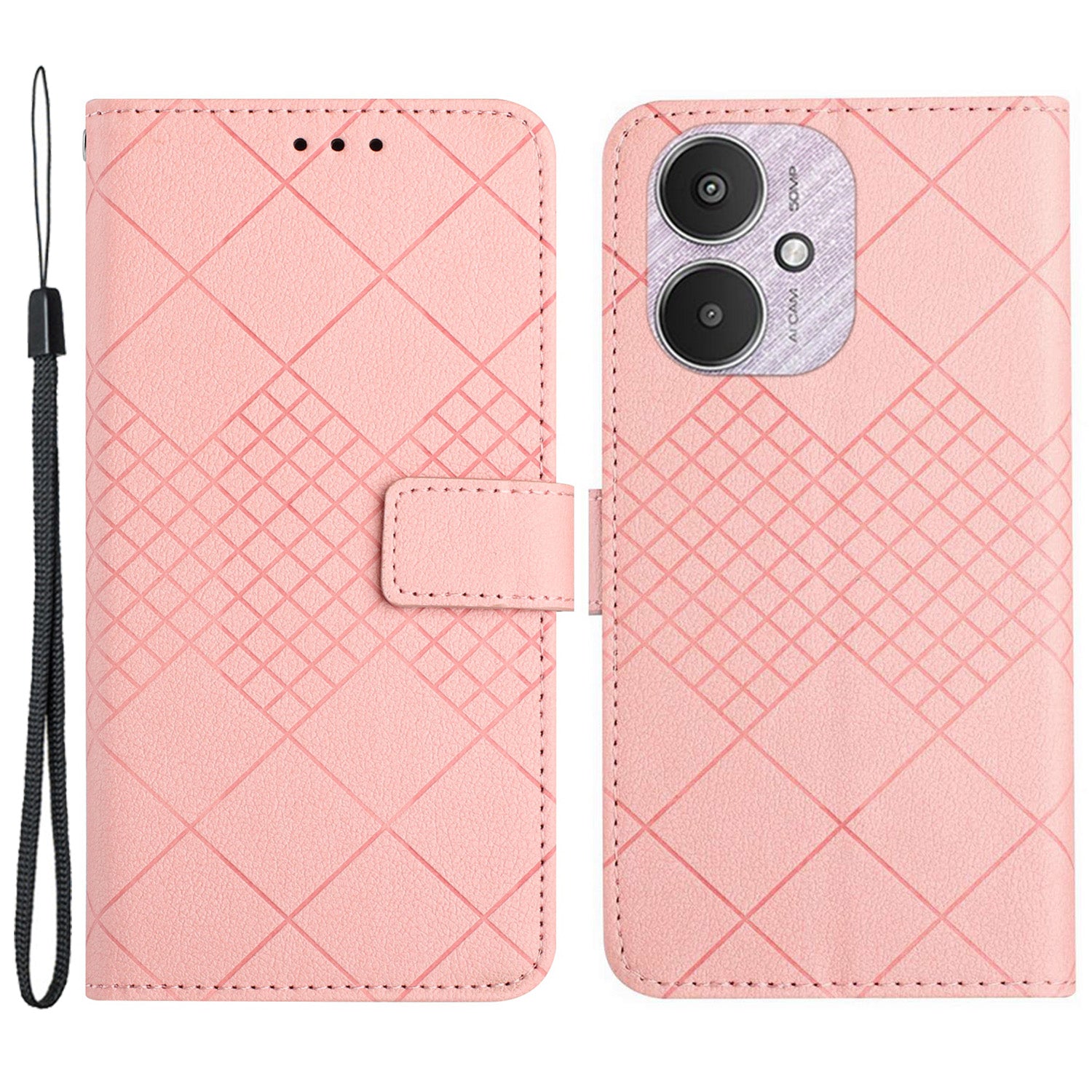 HT06 For Xiaomi Redmi 13C 4G / 5G / Poco C65 4G Leather Case Rhombus Pattern with Wrist Strap - Pink HT06 For Xiaomi Redmi 13C 4G / 5G / Poco C65 4G Leather Case Rhombus Pattern with Wrist Strap - Pink